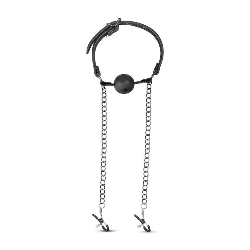 Ball Gag with Nipple Clamps - Black breathable - Shhh...