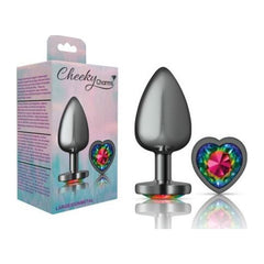 Cheeky Charms Gunmetal  Butt Plug w Heart Rainbow Jewel Large - Shhh...