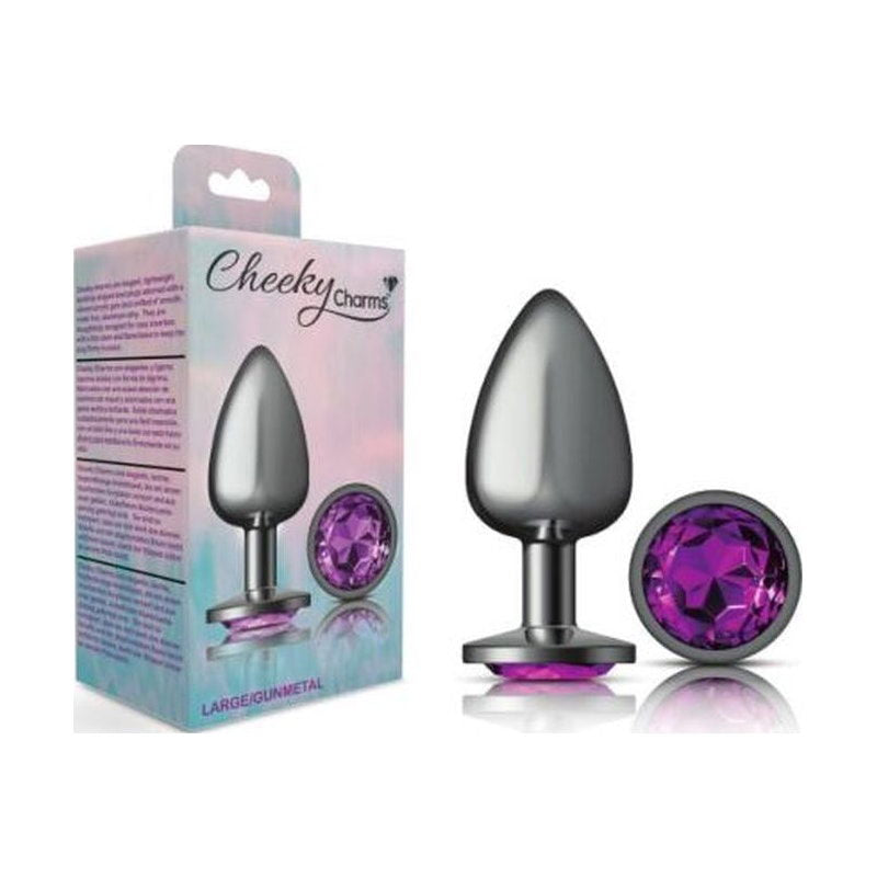 Cheeky Charms Gunmetal Round Butt Plug w Purple Jewel Large - Shhh...