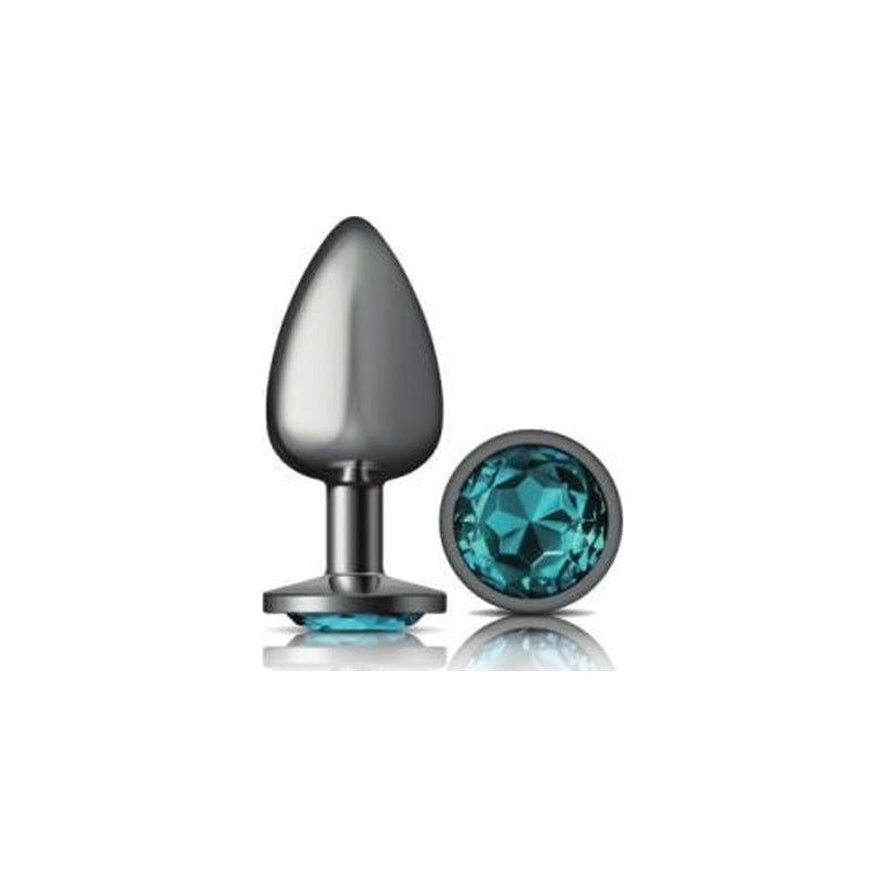 Cheeky Charms Gunmetal Round Butt Plug w Teal Jewel Large - Shhh...