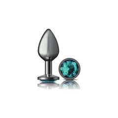 Cheeky Charms Gunmetal Round Butt Plug w Teal Jewel Medium - Shhh...