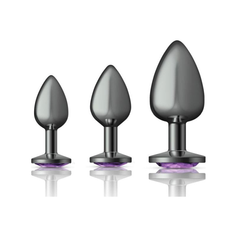 Cheeky Charms Round Metal Butt Plug Gunmetal 3 Pc Kit w Purple Jewel - Shhh...