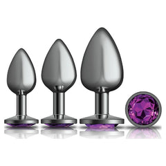Cheeky Charms Round Metal Butt Plug Gunmetal 3 Pc Kit w Purple Jewel - Shhh...