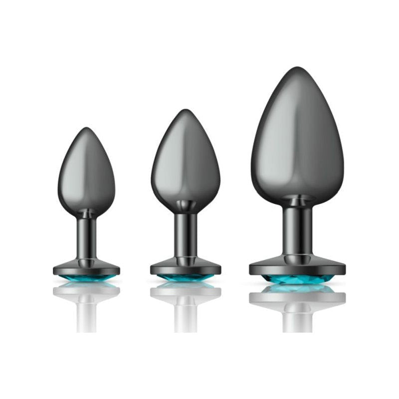 Cheeky Charms Round Metal Butt Plug Gunmetal 3 Pc Kit w Teal Jewel - Shhh...