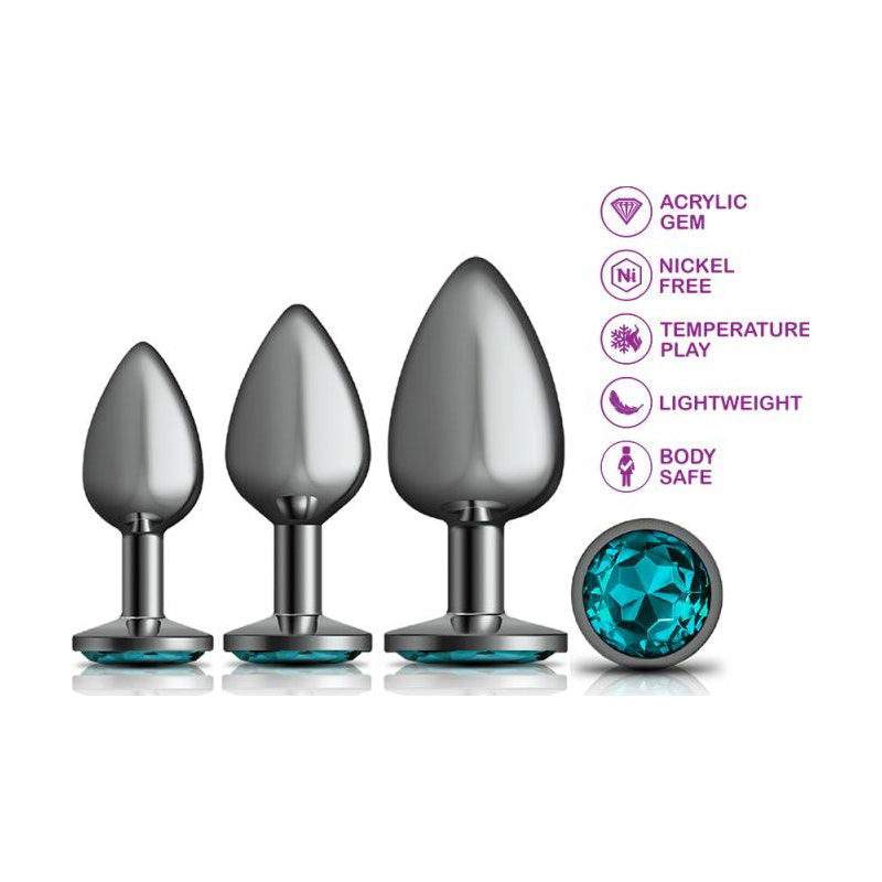 Cheeky Charms Round Metal Butt Plug Gunmetal 3 Pc Kit w Teal Jewel - Shhh...