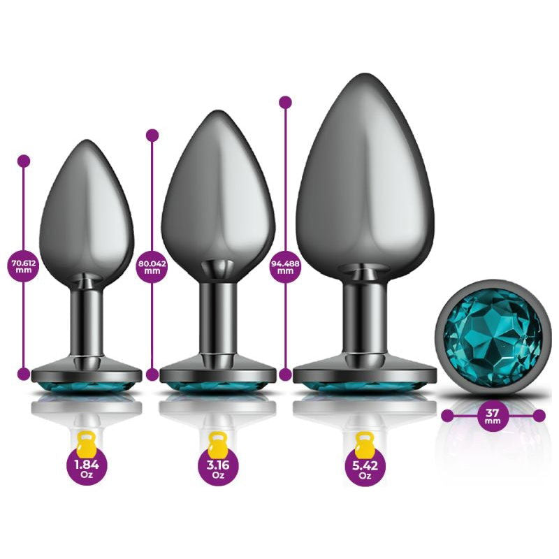 Cheeky Charms Round Metal Butt Plug Gunmetal 3 Pc Kit w Teal Jewel - Shhh...
