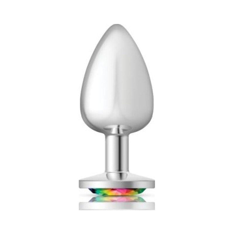 Cheeky Charms Silver Round Butt Plug w Rainbow Jewel Large - Shhh...