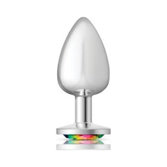 Cheeky Charms Silver Round Butt Plug w Rainbow Jewel Large - Shhh...