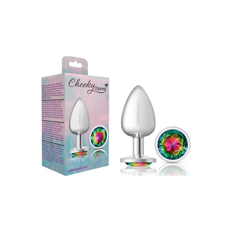 Cheeky Charms Silver Round Butt Plug w Rainbow Jewel Large - Shhh...