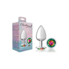 Cheeky Charms Silver Round Butt Plug w Rainbow Jewel Large - Shhh...