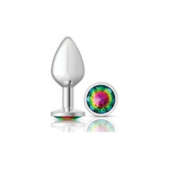 Cheeky Charms Silver Round Butt Plug w Rainbow Jewel Medium - Shhh...