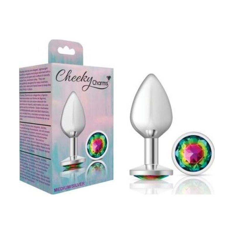 Cheeky Charms Silver Round Butt Plug w Rainbow Jewel Medium - Shhh...