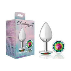 Cheeky Charms Silver Round Butt Plug w Rainbow Jewel Medium - Shhh...