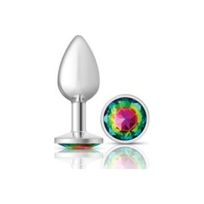 Cheeky Charms Silver Round Butt Plug w Rainbow Jewel Small - Shhh...