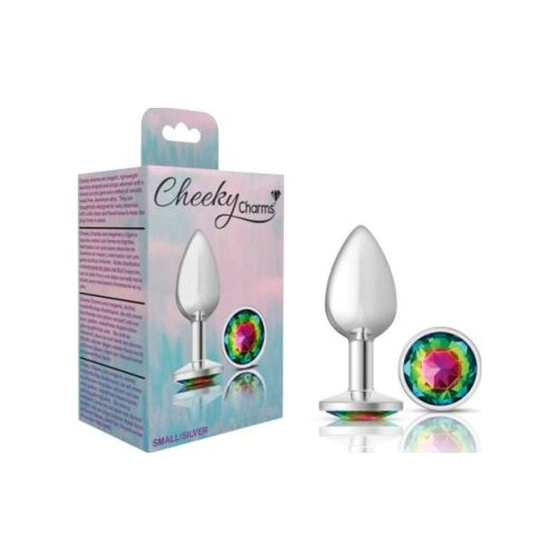 Cheeky Charms Silver Round Butt Plug w Rainbow Jewel Small - Shhh...