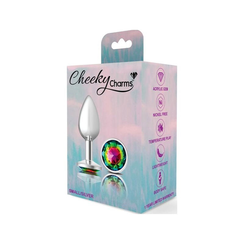 Cheeky Charms Silver Round Butt Plug w Rainbow Jewel Small - Shhh...