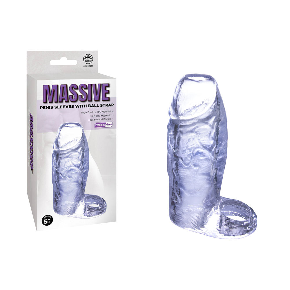 Massive Penis Sleeve with Ball Strap - Clear 14 cm Penis Enlarger Sleeve