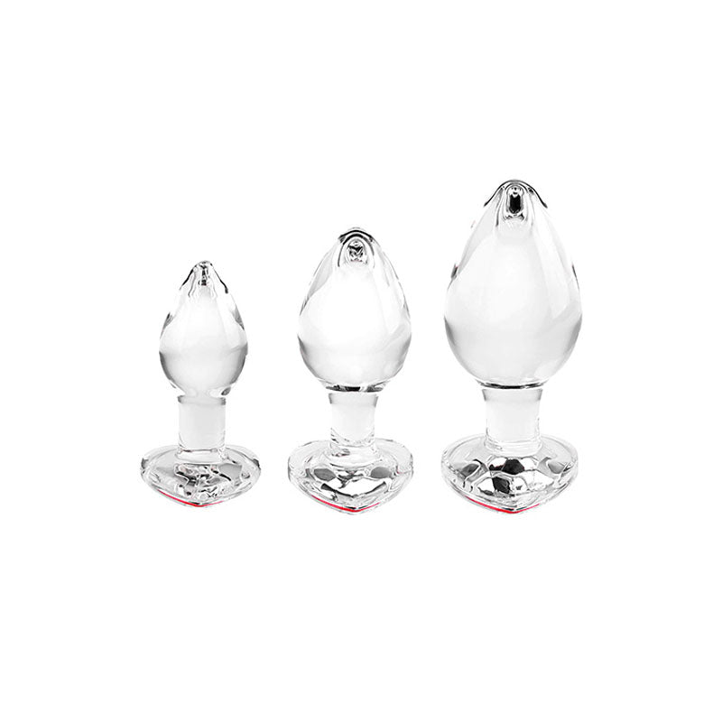 Adam & Eve RED HEART GEM GLASS PLUG SET - Clear Glass Butt Plugs - Set of 3 Sizes