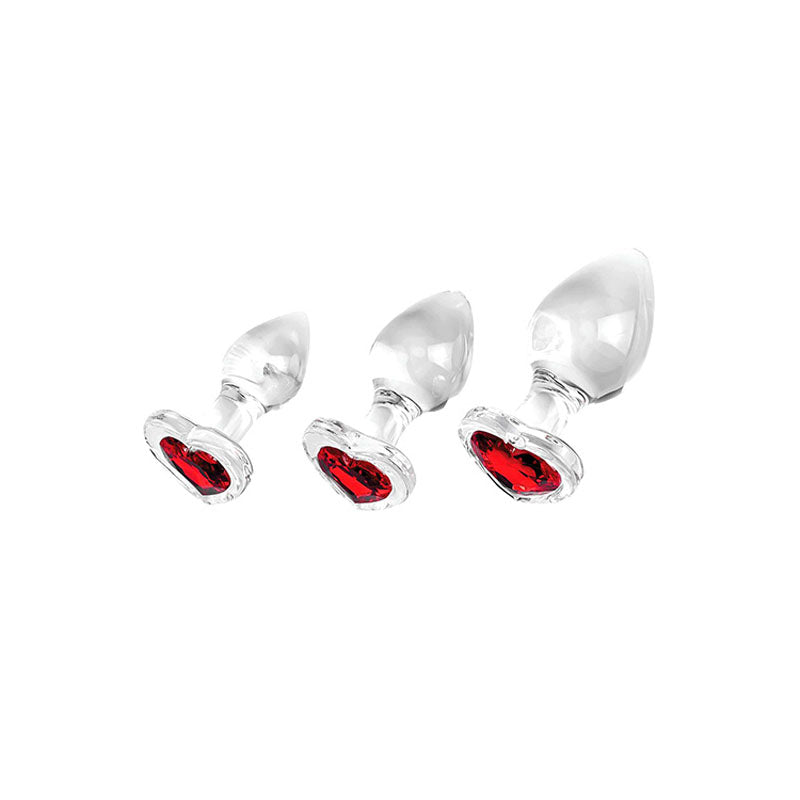 Adam & Eve RED HEART GEM GLASS PLUG SET -  Glass Butt Plugs - Set of 3 Sizes