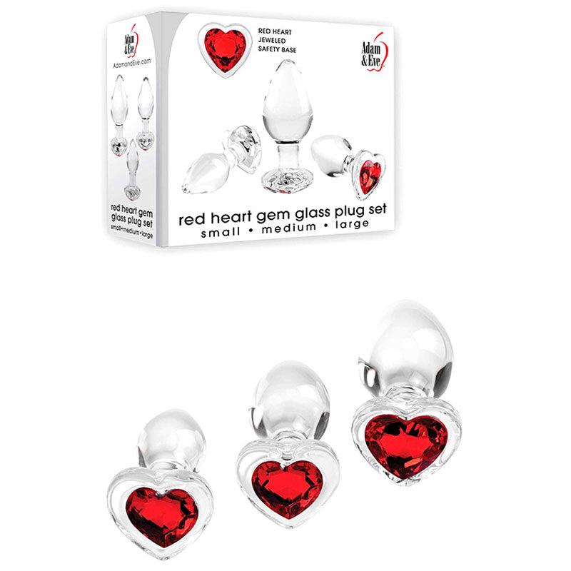 Adam & Eve RED HEART GEM GLASS PLUG SET -  Glass Butt Plugs - Set of 3 Sizes