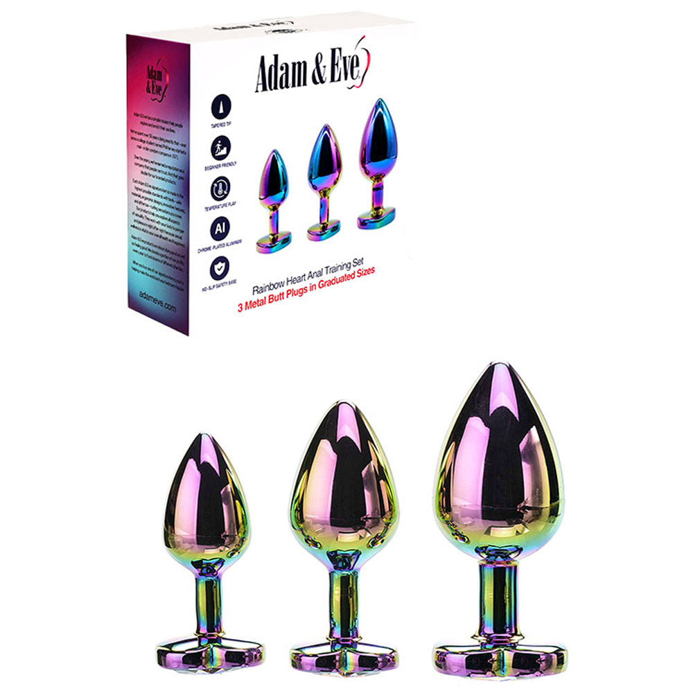 Adam & Eve RAINBOW HEART GEM ANAL TRAINING SET - Multicoloured Metal Anal Plugs with Gem Bases - Set of 3 Sizes