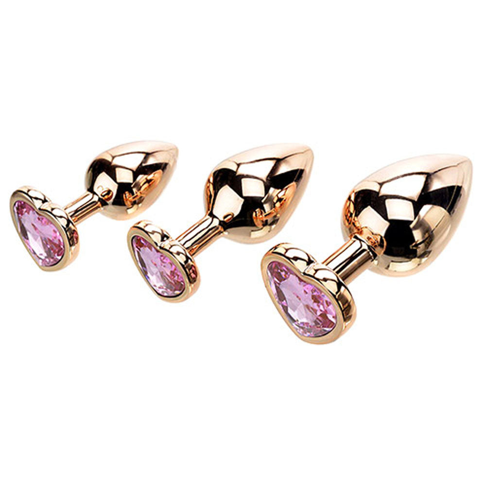 Adam & Eve  HEART GEM ANAL TRAINING SET -  Metal Anal Plugs with Pink Gem Bases - Set of 3 Sizes