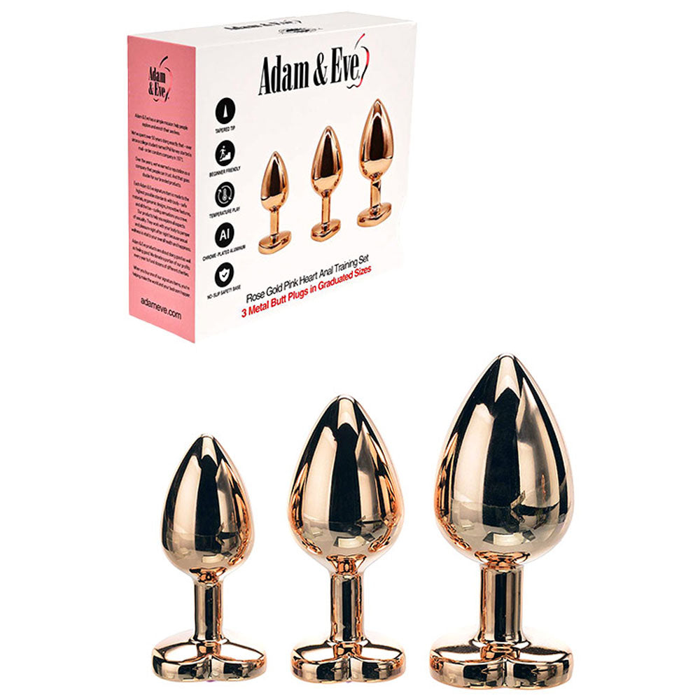 Adam & Eve ROSE GOLD HEART GEM ANAL TRAINING SET - Rose Gold Metal Anal Plugs with Pink Gem Bases - Set of 3 Sizes