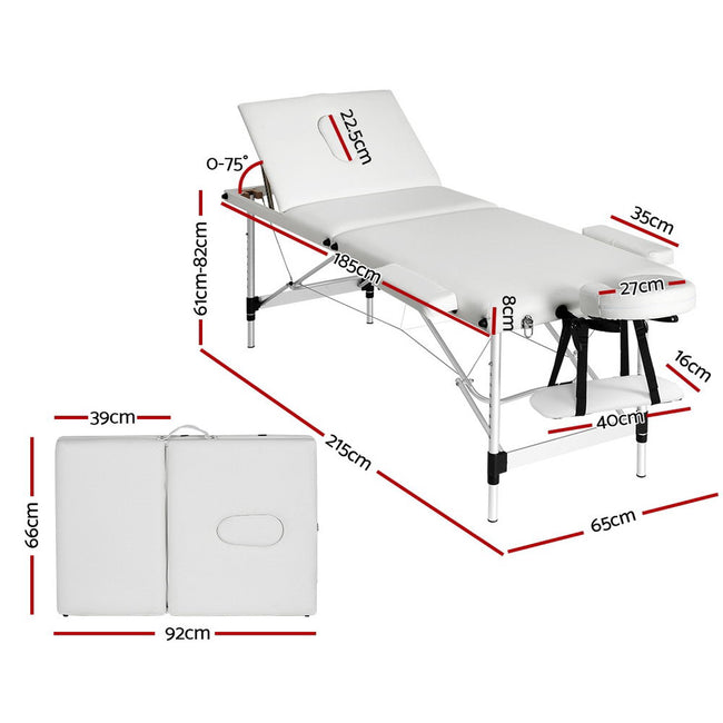 Zenses 3 Fold Portable Aluminium Massage Table White 65cm wide