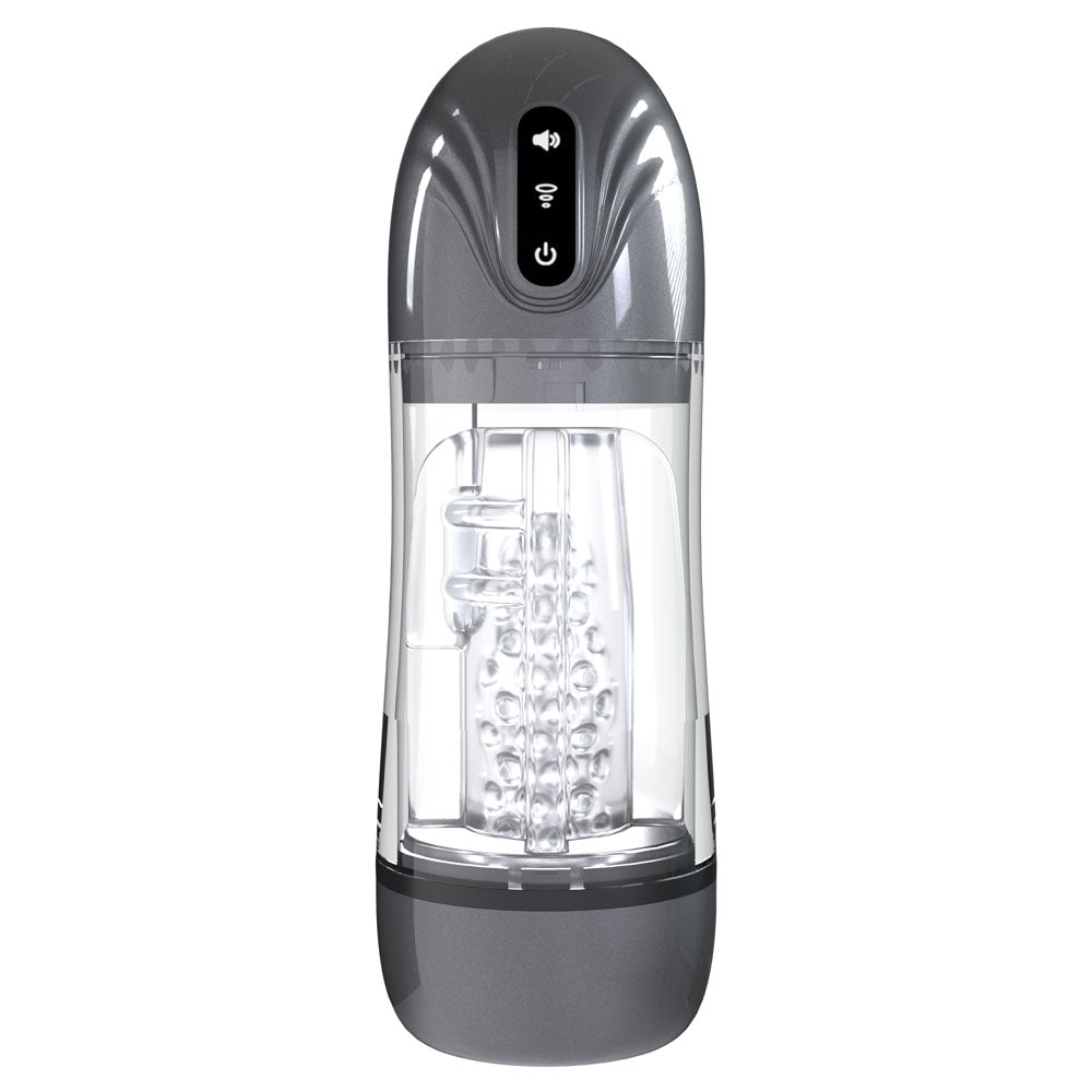 PUMPED Sonic-Pull Rechargeable Sucking & Vibrating Auto Masturbator - Gunmetal Grey/Clear