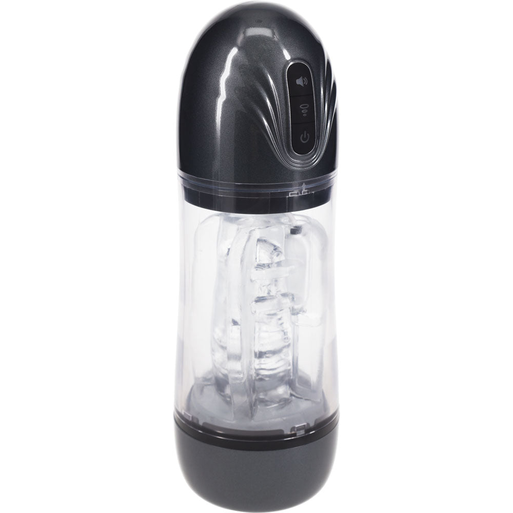 PUMPED Sonic-Pull Rechargeable Sucking & Vibrating Auto Masturbator - Gunmetal Grey/Clear
