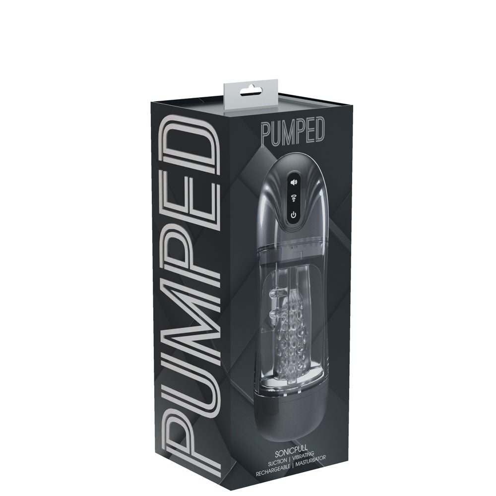 PUMPED Sonic-Pull Rechargeable Sucking & Vibrating Auto Masturbator - Gunmetal Grey/Clear
