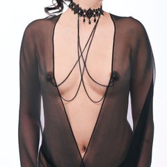 Sex & Mischief Lace Collar with Nipple Ties - Black Neck and Nipple Restraints