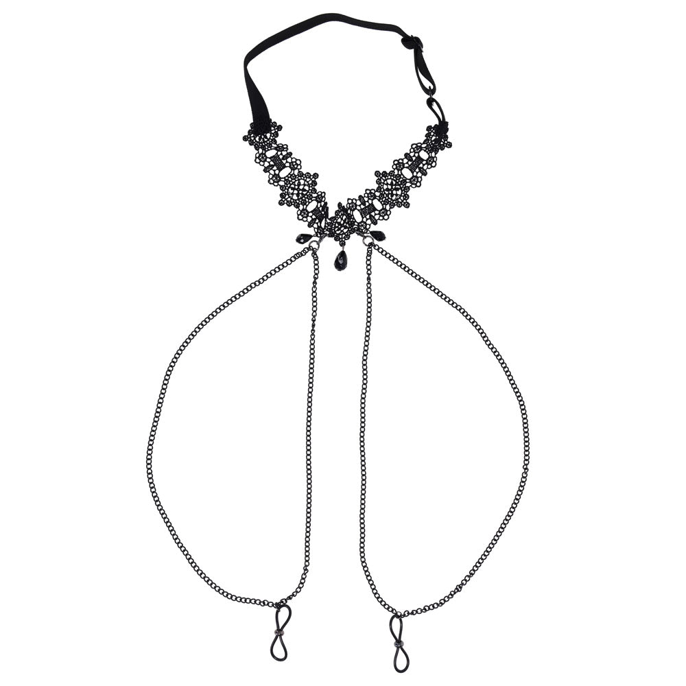 Sex & Mischief Lace Collar with Nipple Ties - Black Neck and Nipple Restraints