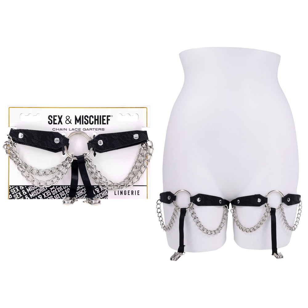 Sex & Mischief Chain Lace Garters - Black/Metal Garters