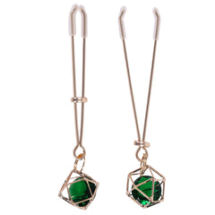 Sex & Mischief Indica Crystal Nipple Clips - Gold Nipple Clips with Emerald Gems