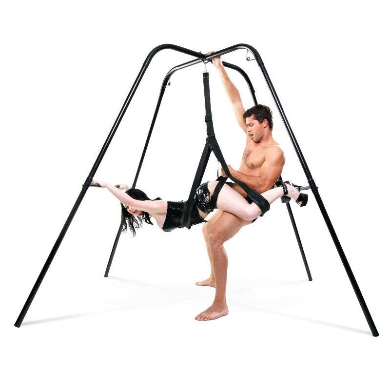 Pipedream Fetish Fantasy Sex Swing Package featuring a black steel swing frame with 4 legs and a sex sling chair 