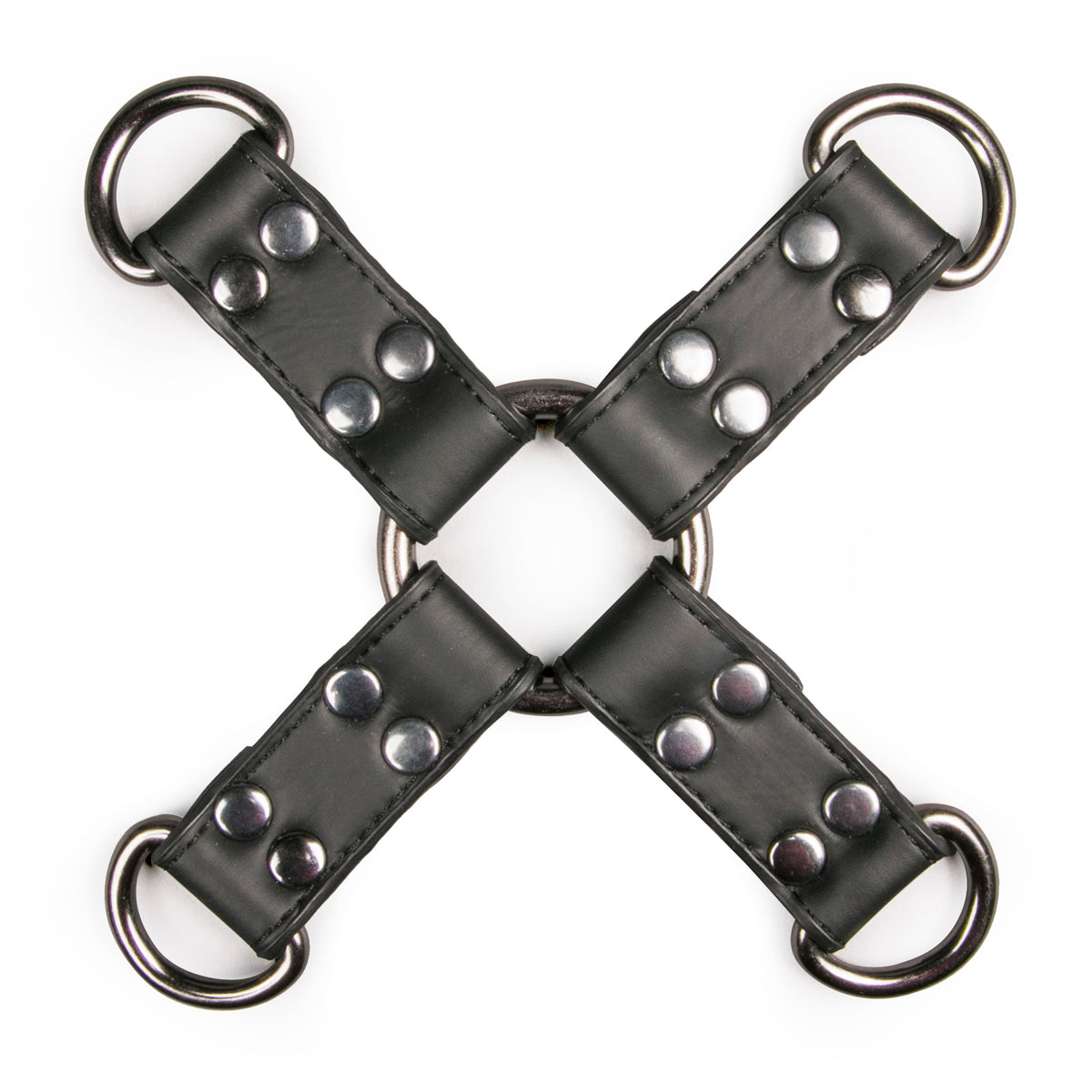 Hogtie in Black with Studs & Steel Tether Rings Close Up Image