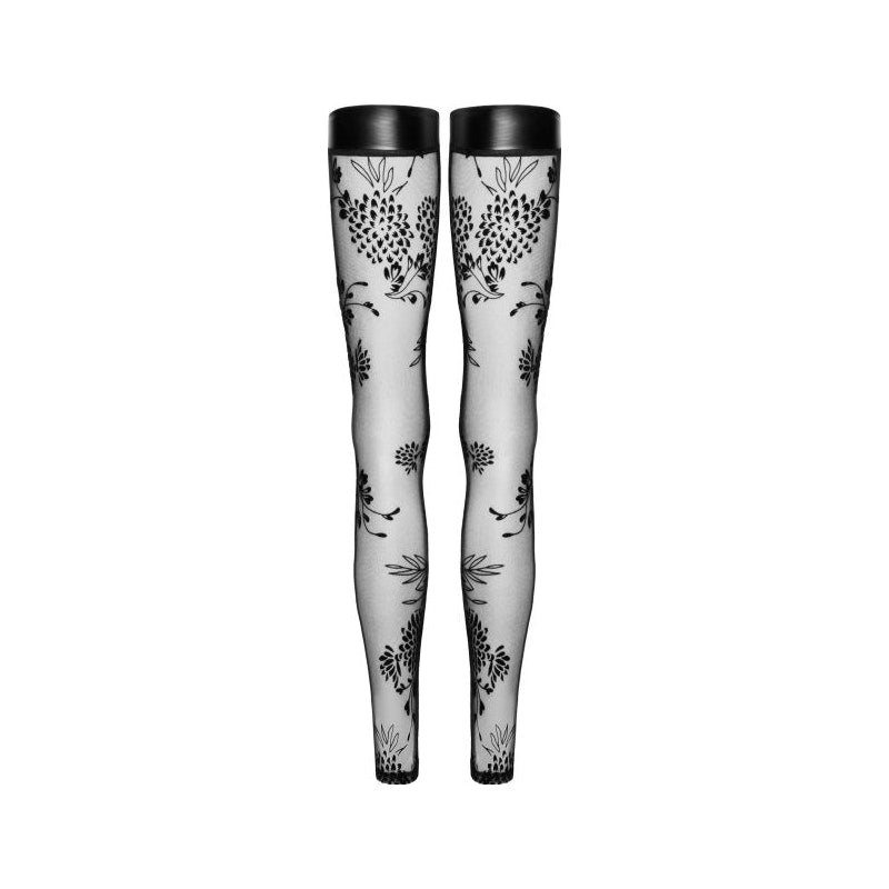 Tulle Stockings w Patterned Flock Embroidery & Power Wetlook Band