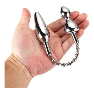 Silver Dome Double End Metal Butt Plug with Chain