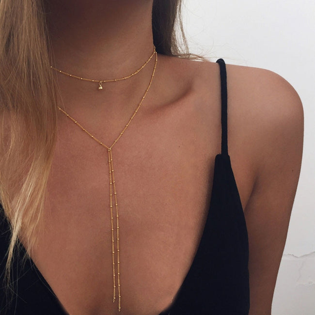Necklace gold long beads with tassels