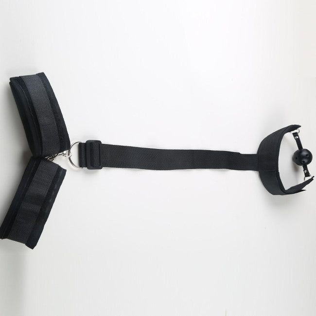 Restraint set - mouth gag with connected wrist cuffs