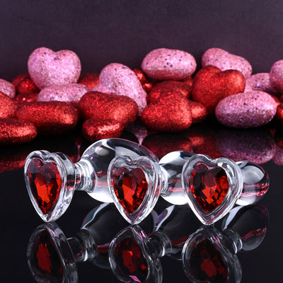 Adam & Eve RED HEART GEM GLASS PLUG SET - 3 Sizes