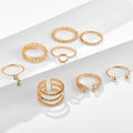 Rings 8-pc Bohemian geometric ring set. Clear crystal stones gold chain
