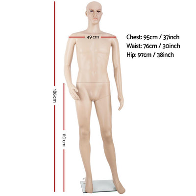Full Body Male Mannequin 186cm Tall - Skin Coloured