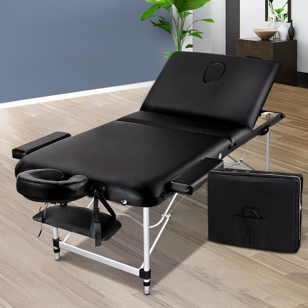 Zenses 3 Fold Portable Aluminium Massage Table - Black 75cm wide