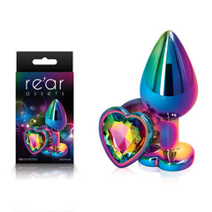 Rear Assets Multi  Heart - Multi Medium Metal Butt Plug with Rainbow Heart Gem Base