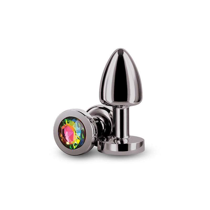 Rear Assets Butt Plug with Rainbow Gem - Gunmetal Chrome Petite