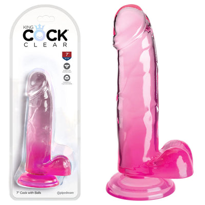 King Cock Clear 7'' Cock Dildo with Balls - Pink