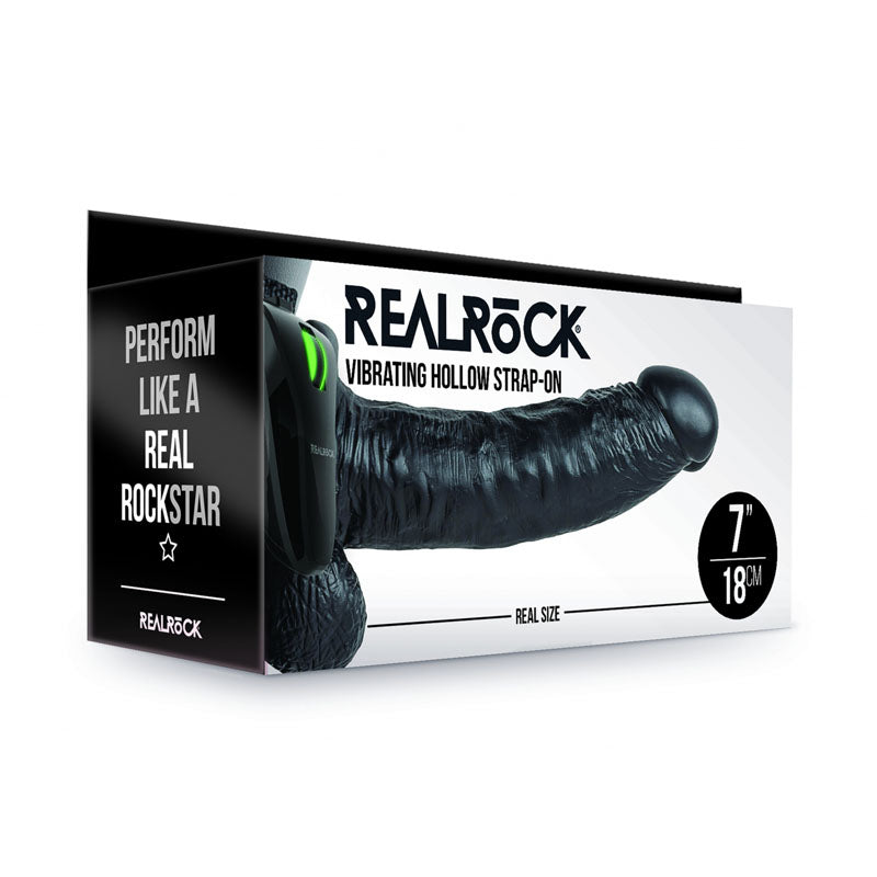 Vibrating Hollow Strap on Dildo with Balls 18cm - Black