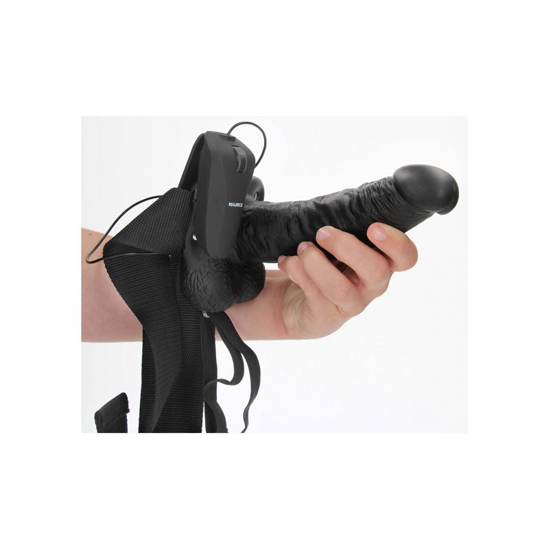 Vibrating Hollow Strap on Dildo with Balls 18cm - Black